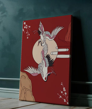 Elegant Asian-inspired artwork featuring flying cranes and cherry blossoms