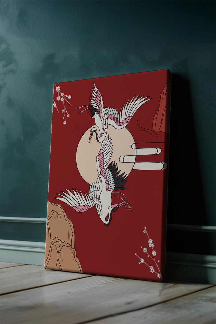 Elegant Asian-inspired artwork featuring flying cranes and cherry blossoms