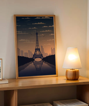 Vista escénica de la Torre Eiffel al anochecer con reflejo del horizonte urbano