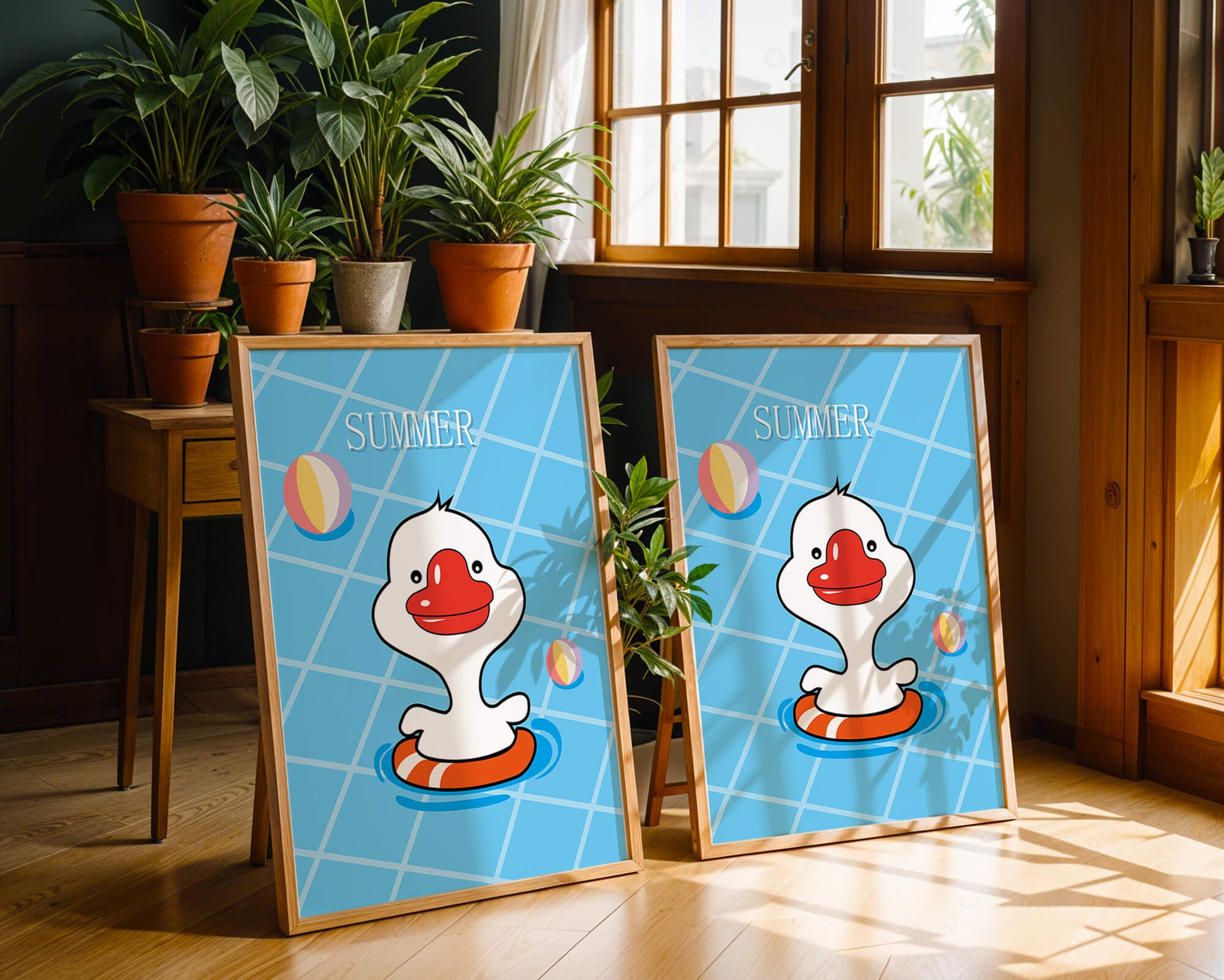 Cartoon duck swimming in a pool with summer beach elements