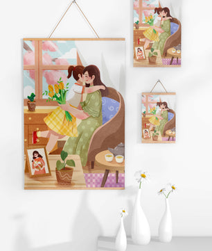 Mother and Daughter Embracing by the Window with Flowers