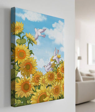Friedliche Szene mit Sonnenblumen und Tauben unter einem strahlend blauen Himmel