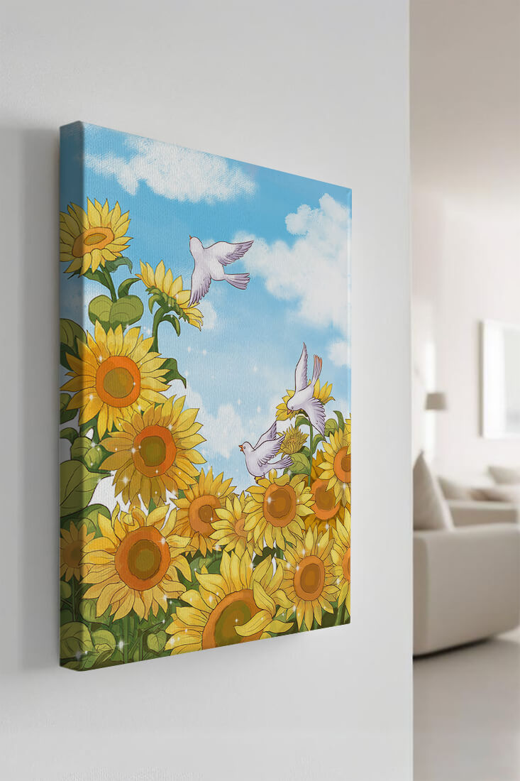 Friedliche Szene mit Sonnenblumen und Tauben unter einem strahlend blauen Himmel