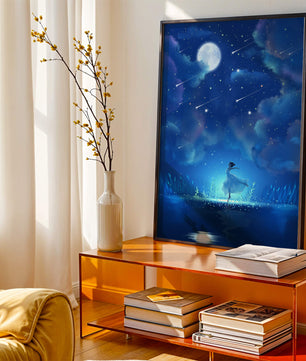 Cielo nocturno soñador con figura danzante y luz de luna brillante