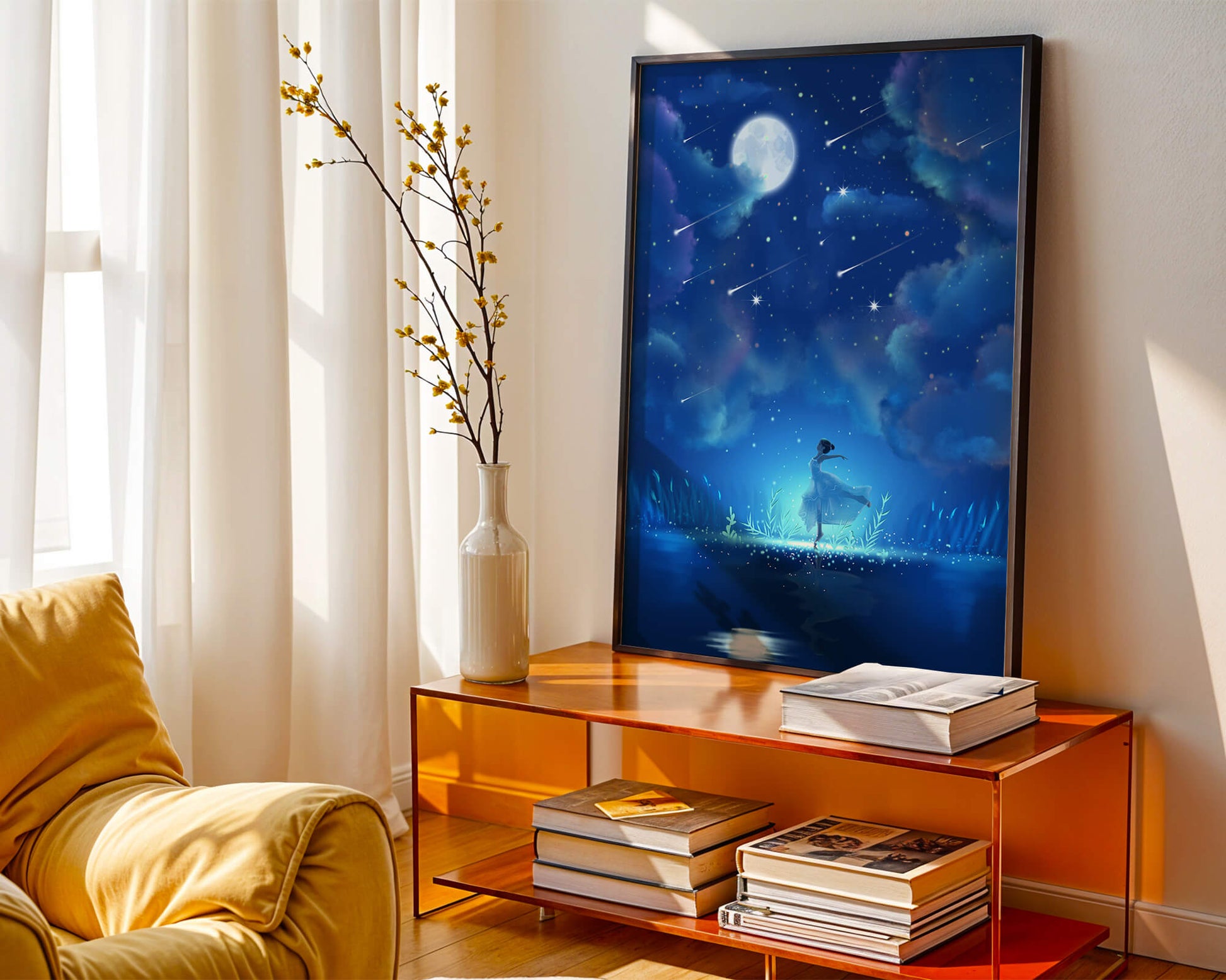 Cielo nocturno soñador con figura danzante y luz de luna brillante