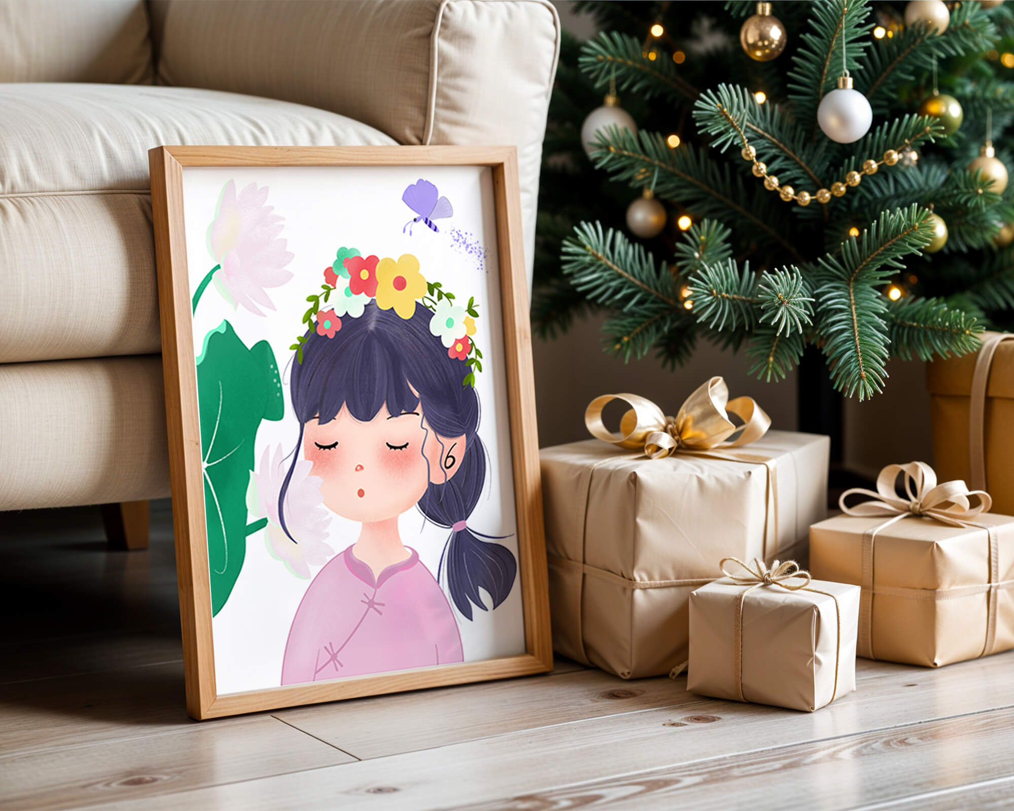Whimsical illustration of a girl with a flower crown and butterfly