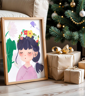 Whimsical illustration of a girl with a flower crown and butterfly