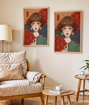 Digital art of a girl with floral and lantern elements