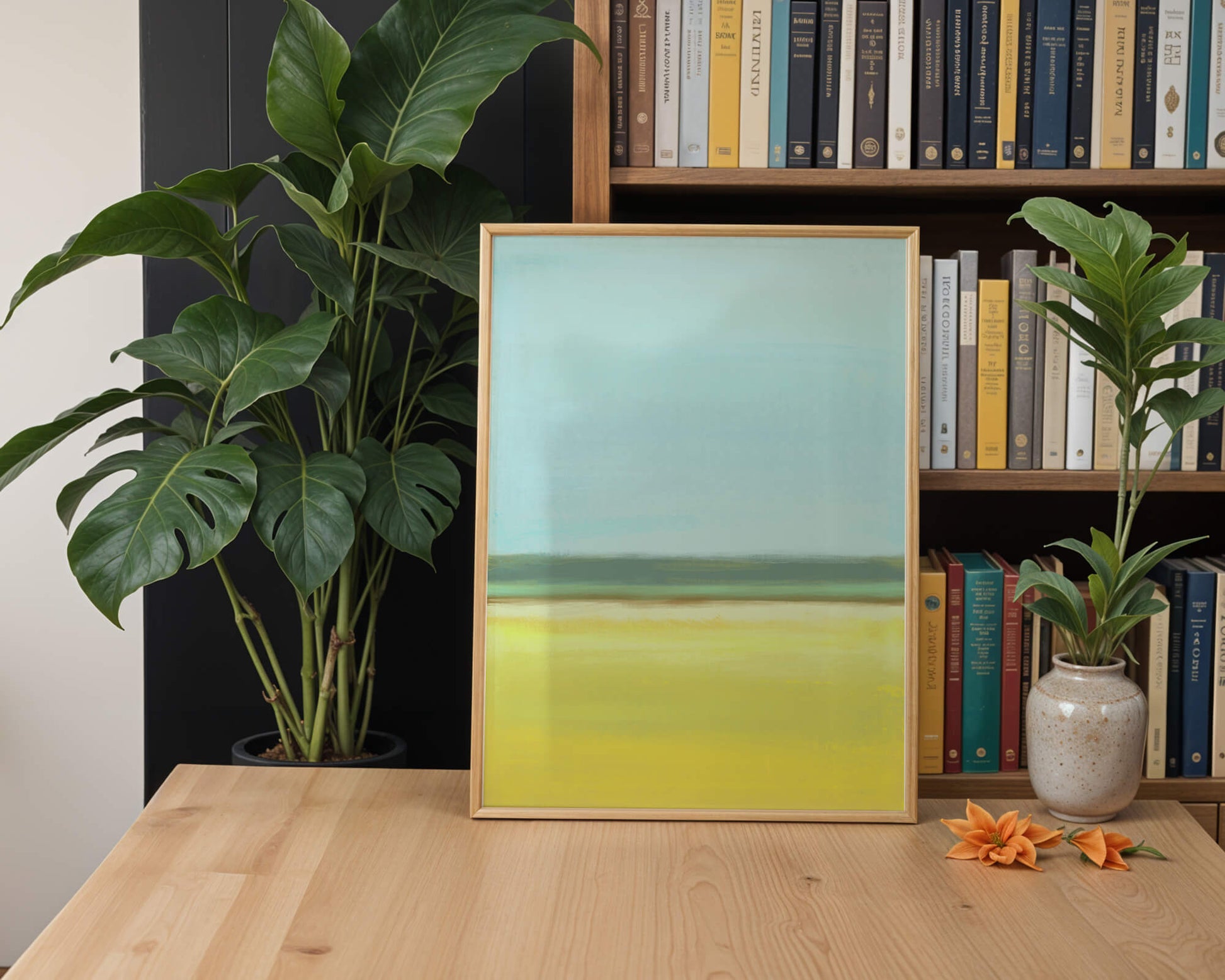 Paisaje abstracto con horizonte azul y amarillo