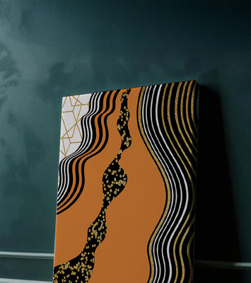 Artistic abstract design with wavy black lines and golden accents