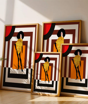 Ilustración de moda con figura en dorado y fondo geométrico