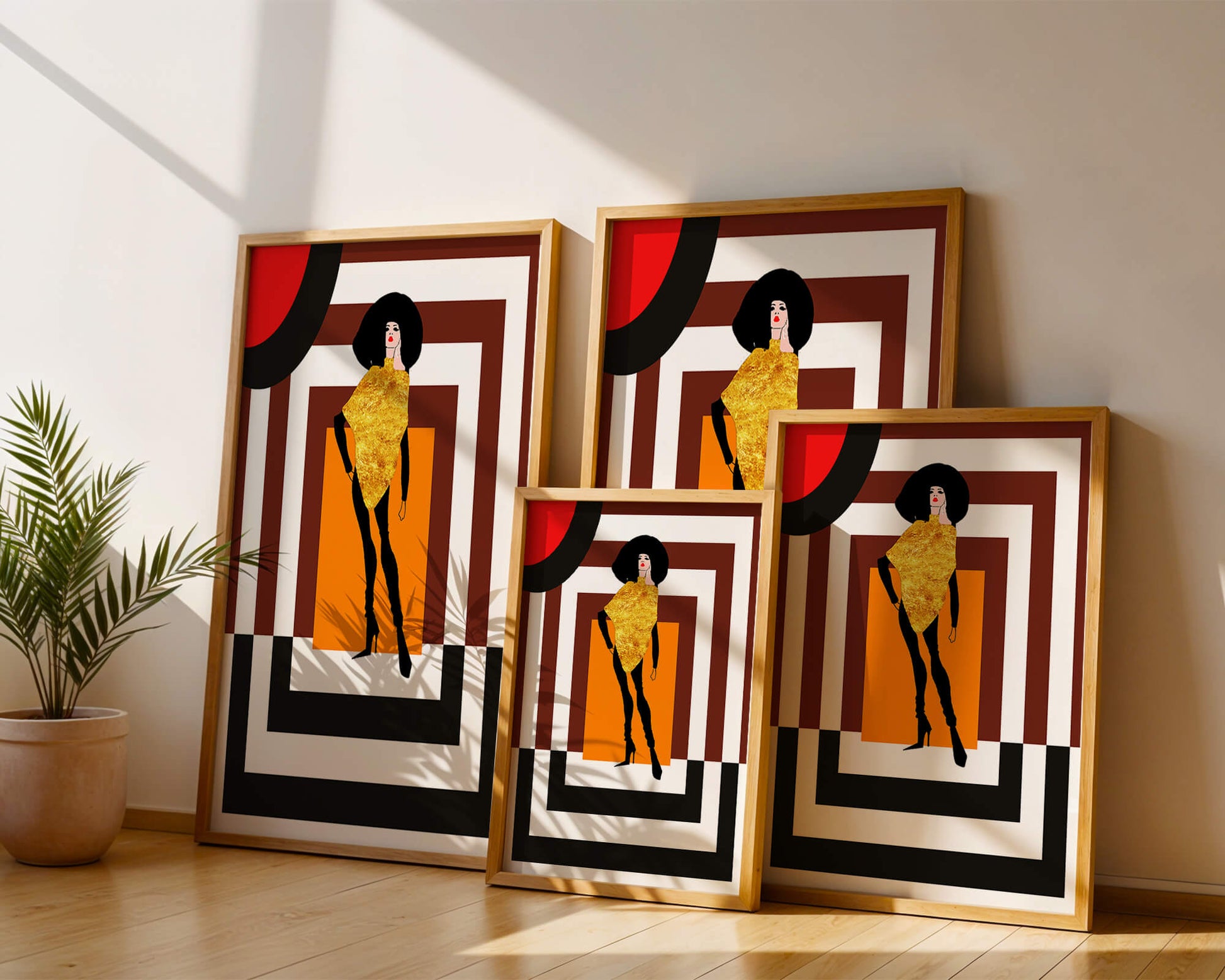 Fashion Illustration with Figure in Gold and Geometric Background