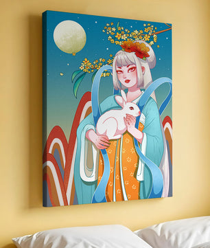 Femme élégante en tenue traditionnelle tenant un lapin blanc sous une pleine lune