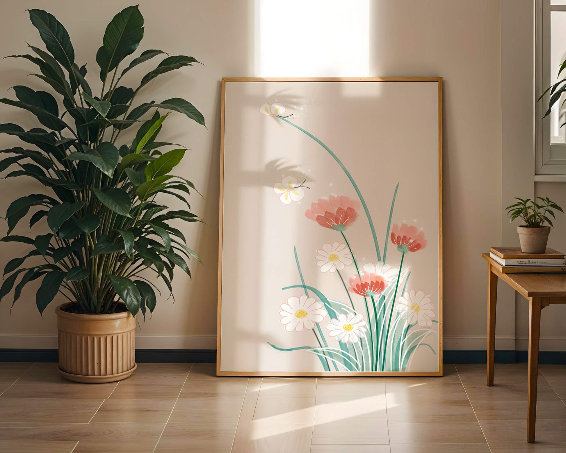 Delicate floral illustration with butterflies and wildflowers