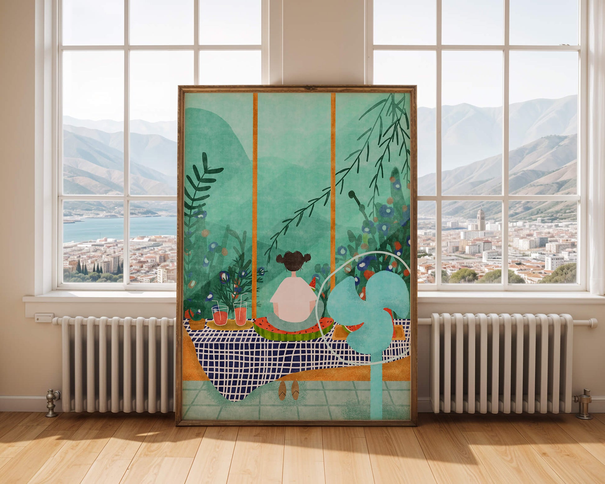 Young Girl Sitting on Checkered Table with Watermelon by Window Overlooking Nature