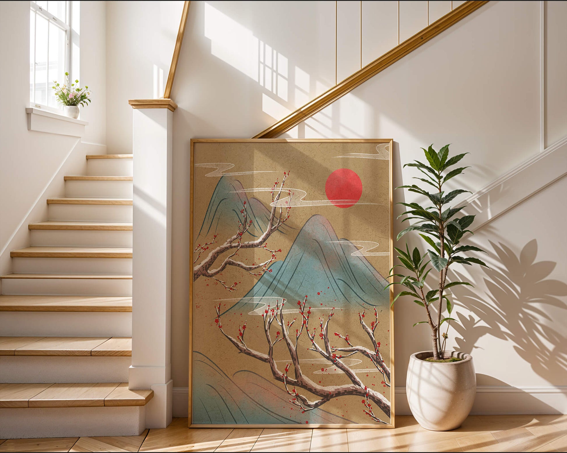 Tranquil landscape with cherry blossom and red sun