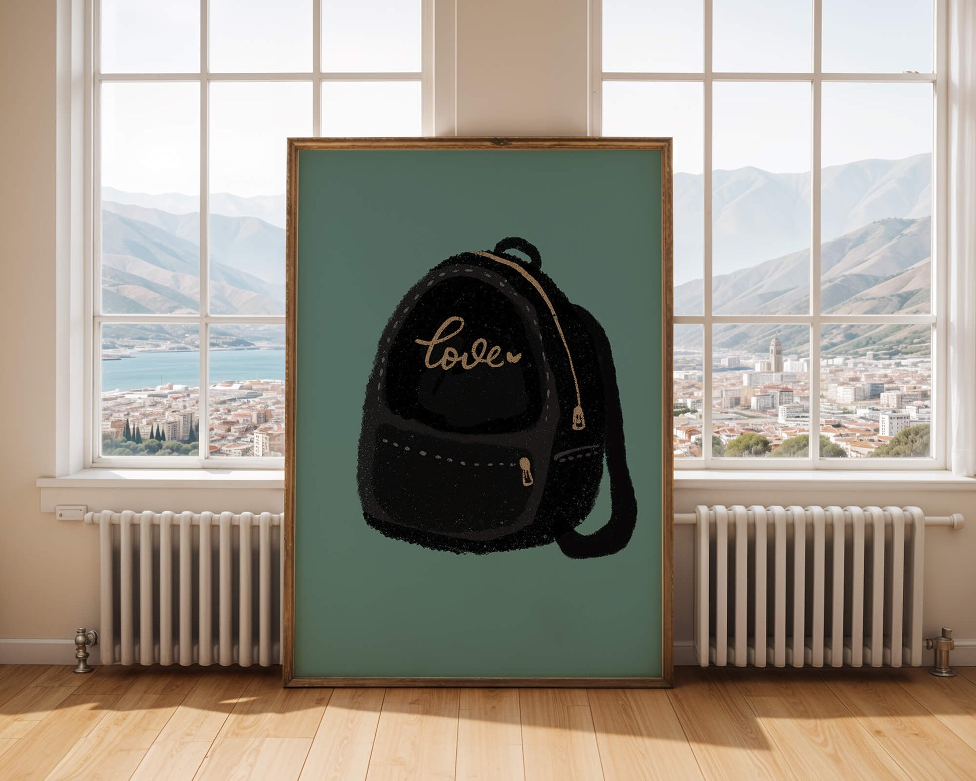 Elegant black backpack with gold accents and love inscription