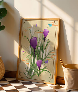 Elegant Crocus Flowers with Butterflies in a Delicate Frame