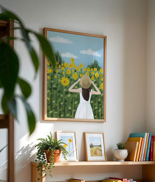 Mujer con vestido blanco admirando un campo de girasoles