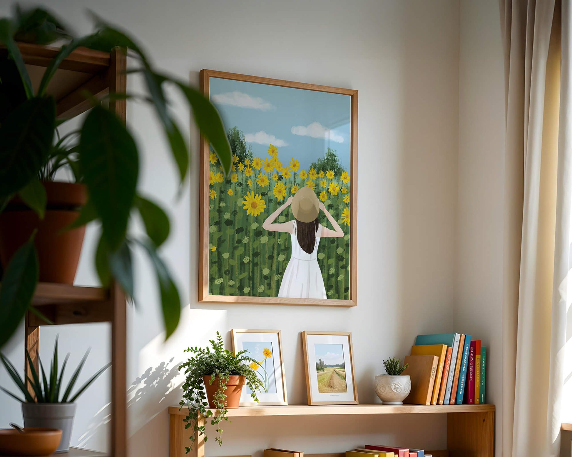 Mujer con vestido blanco admirando un campo de girasoles