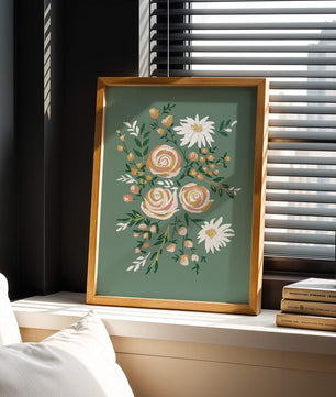 Floral illustration with roses and daisies on green background