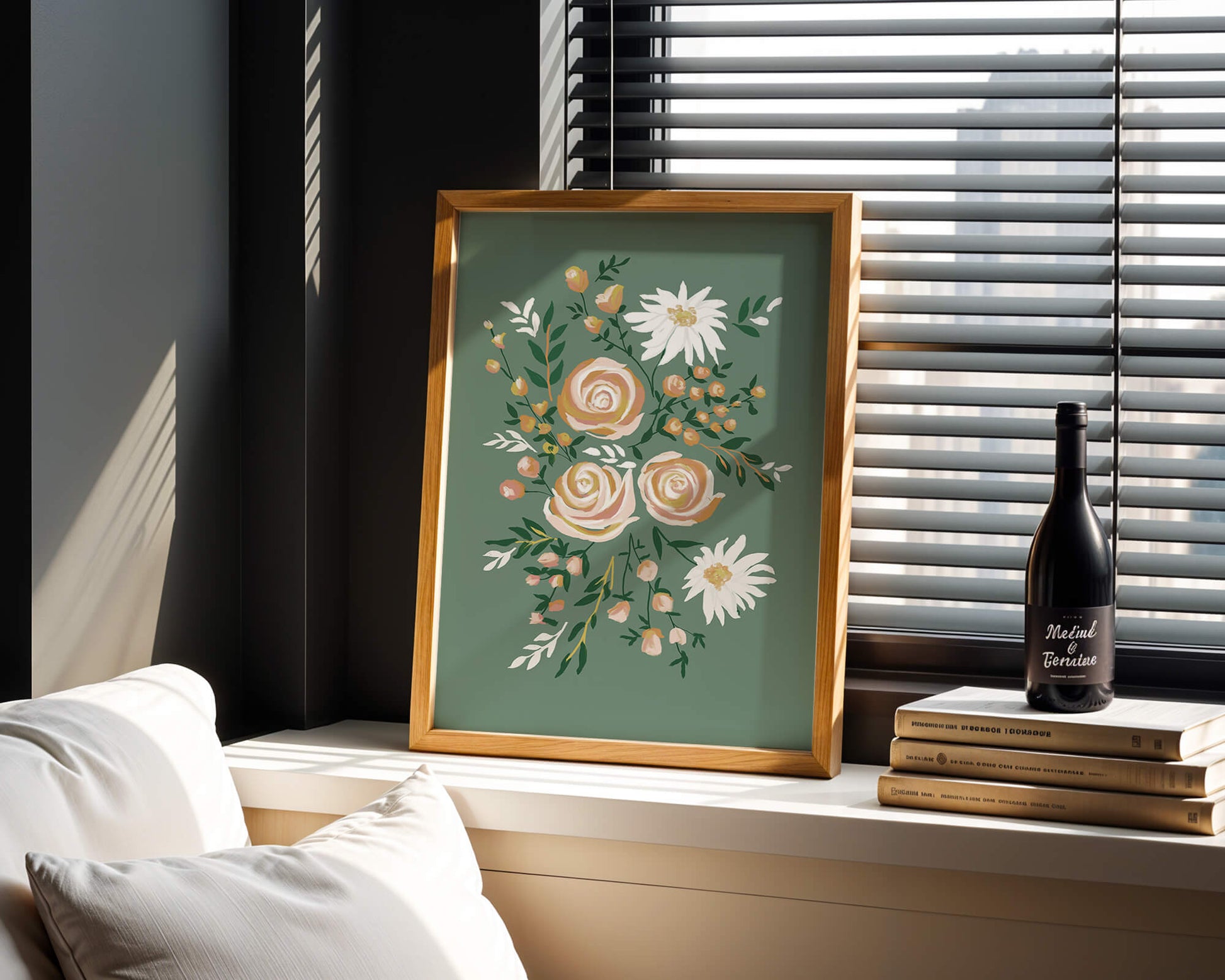Floral illustration with roses and daisies on green background