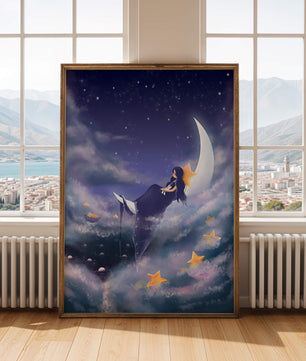 Cielo nocturno soñador con una niña sentada en una luna creciente rodeada de estrellas