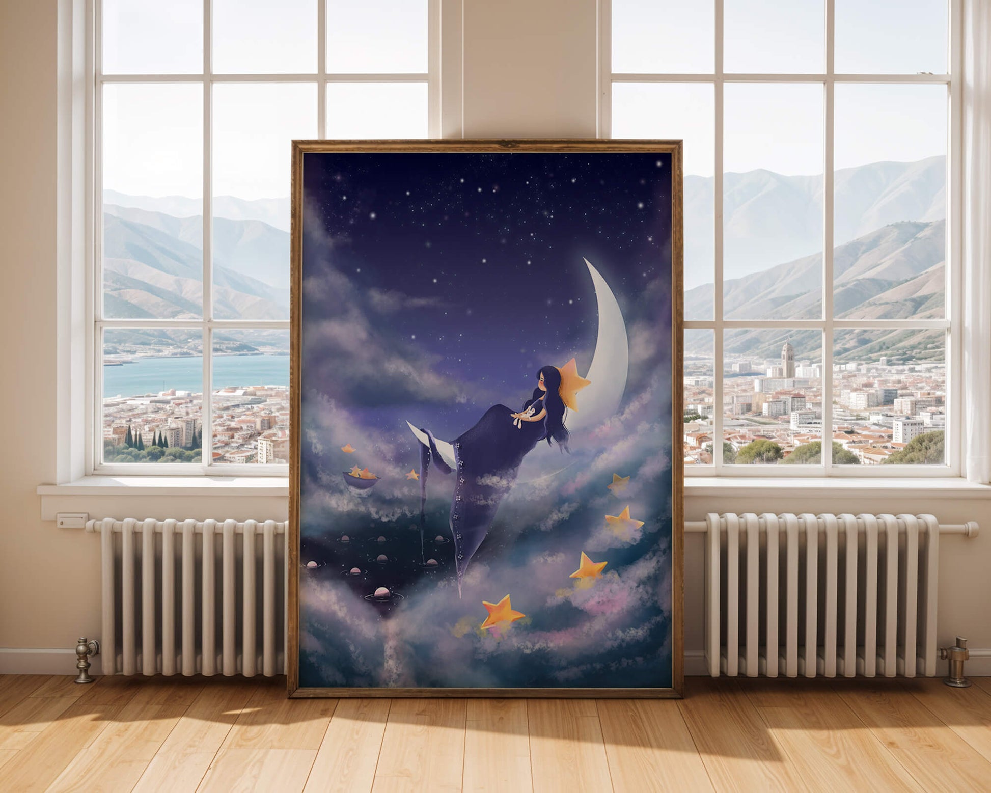 Dreamy night sky with girl sitting on crescent moon surrounded by stars