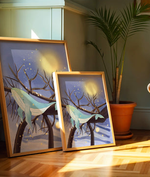Whale resting on tree branches under starry night sky