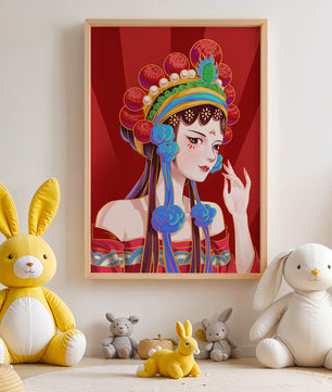 Traditional Asian art depicting stylized woman with ornate headdress