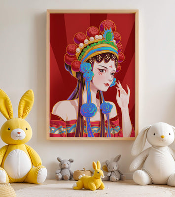 Traditional Asian art depicting stylized woman with ornate headdress