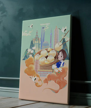 Illustration de la ligne d’horizon de Shanghai avec des raviolis et des éléments asiatiques