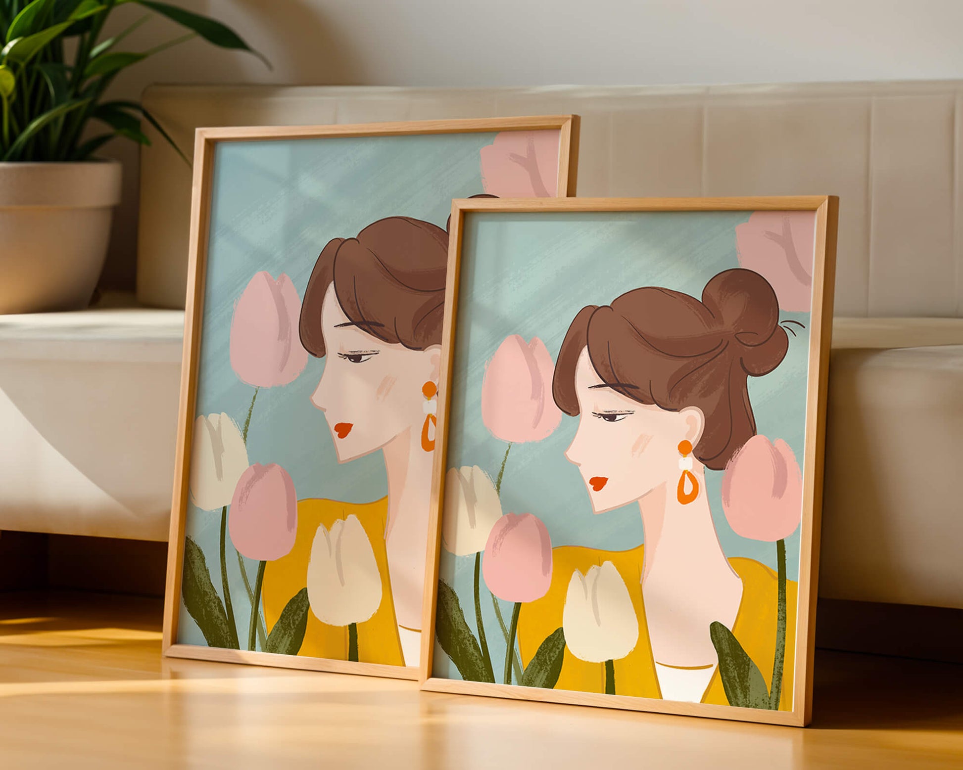Serene woman surrounded by pastel tulips illustration