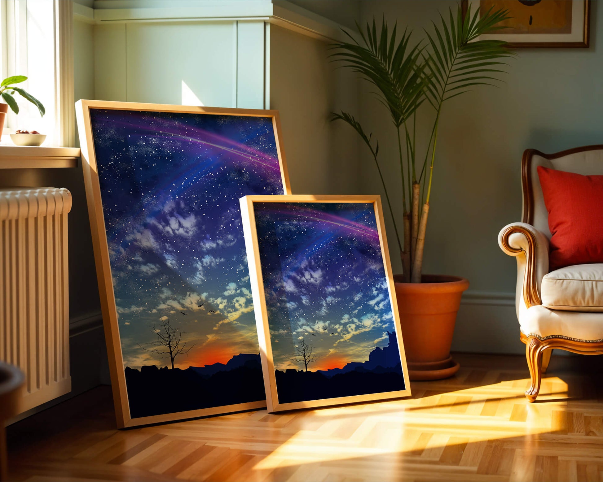 Starlit night sky with colorful sunset and silhouetted landscape