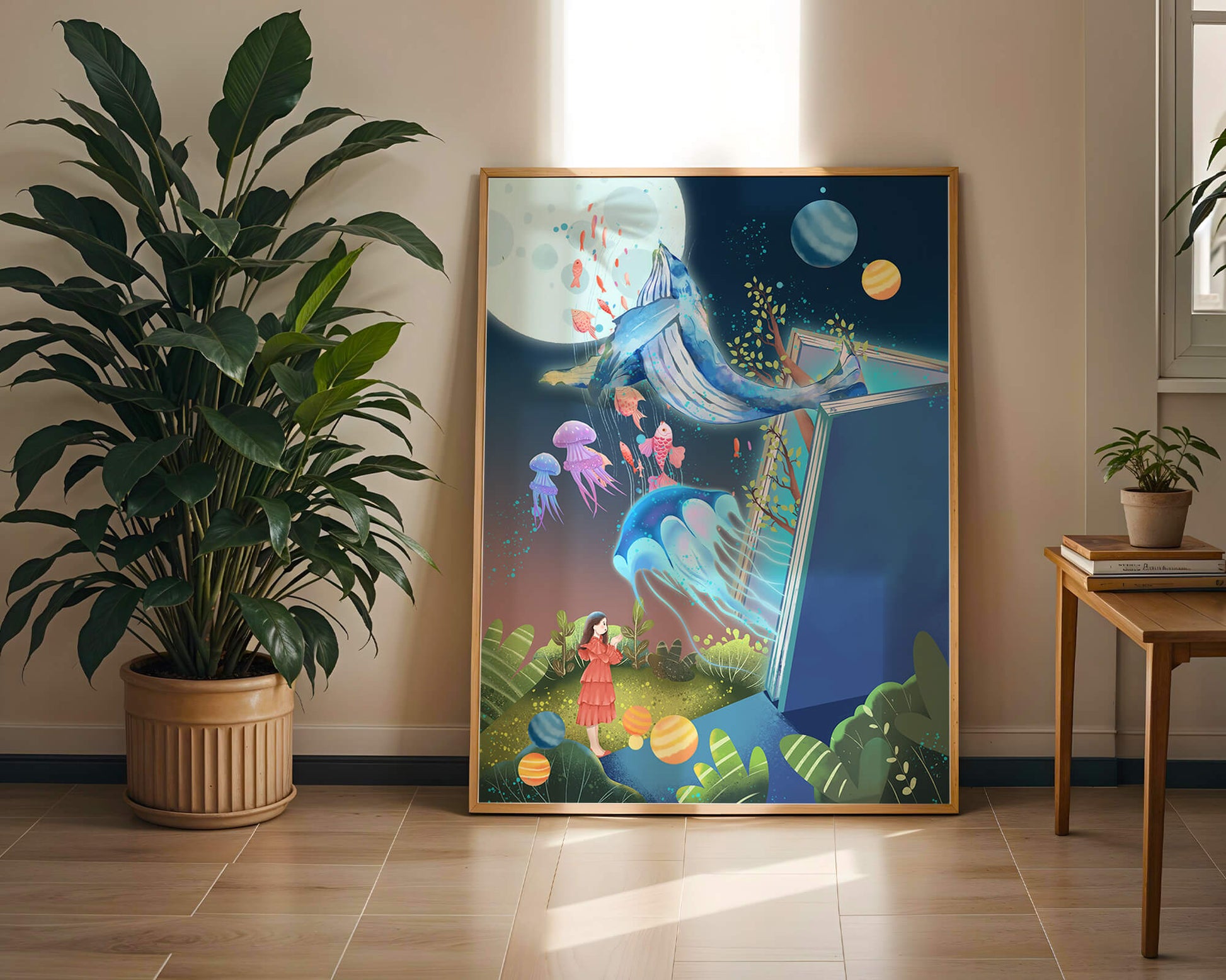 Surreal Ocean Life Emerging From a Book in a Dreamlike Forest Scene