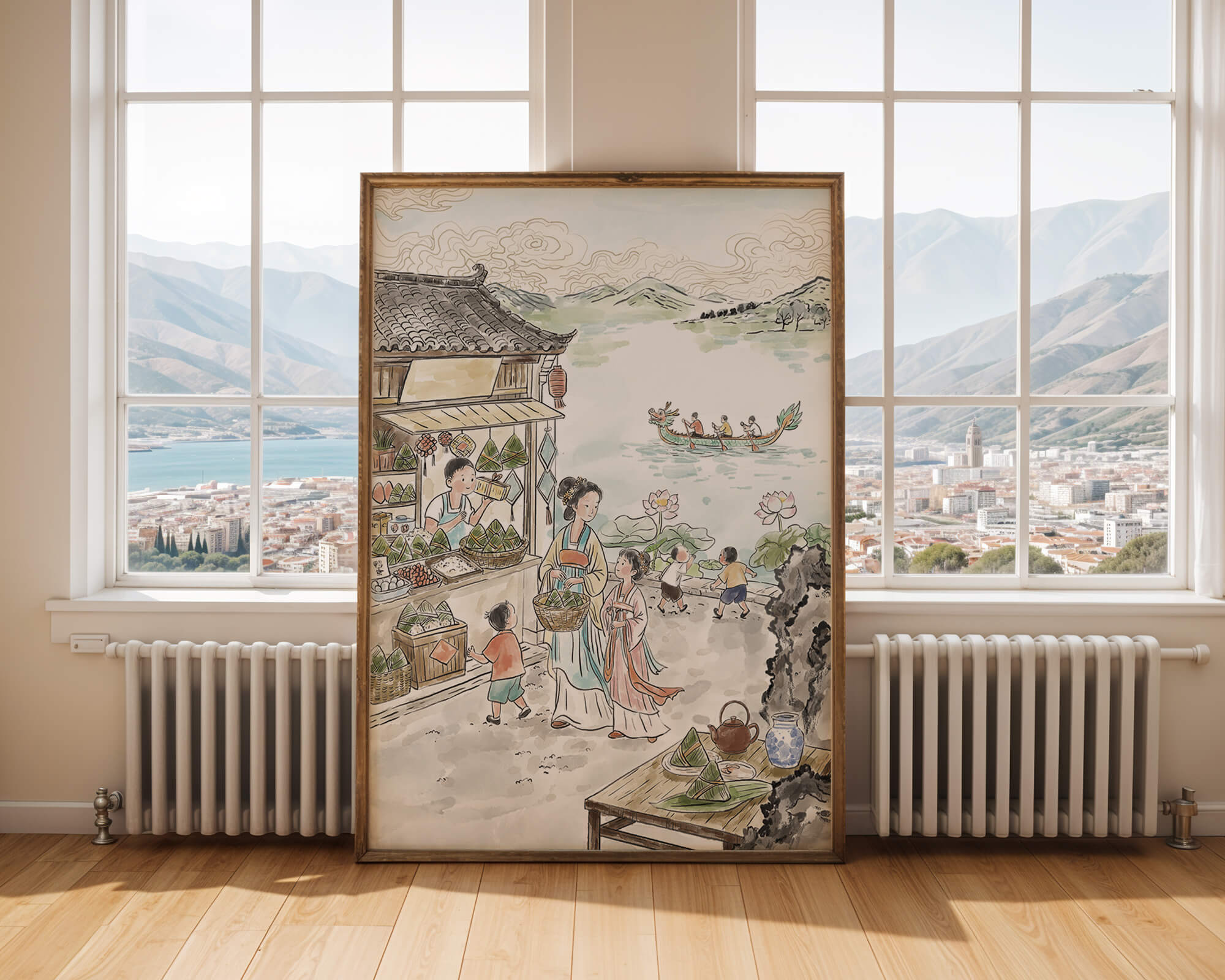 Traditional Chinese Market Scene with Dragon Boat on River