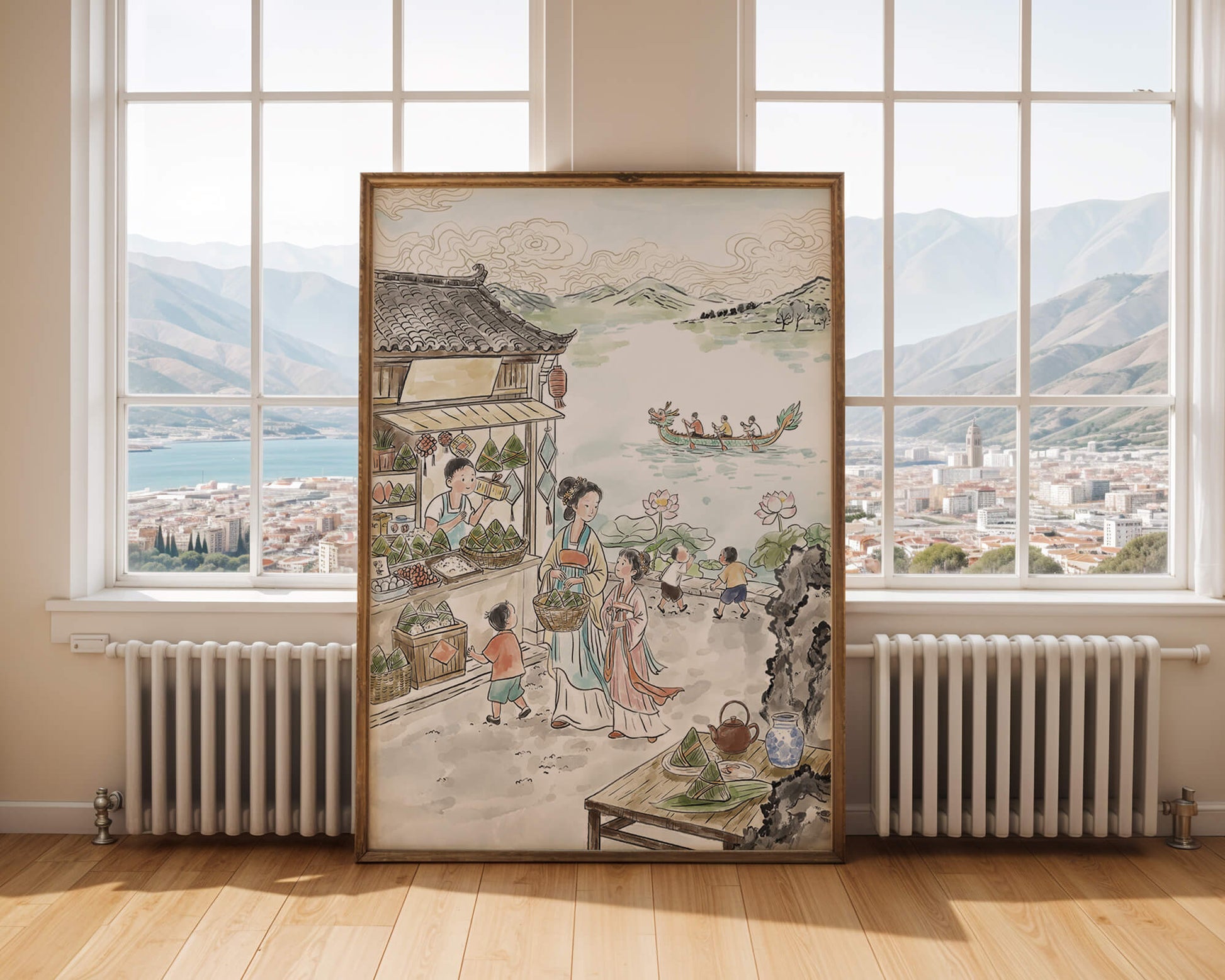 Traditional Chinese Market Scene with Dragon Boat on River
