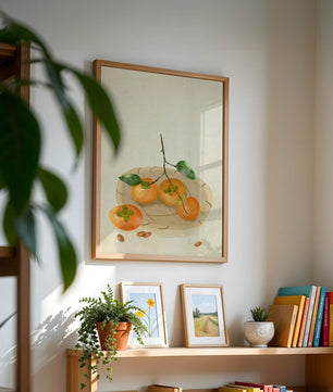 Still Life with Persimmons and Branch on a Neutral Background