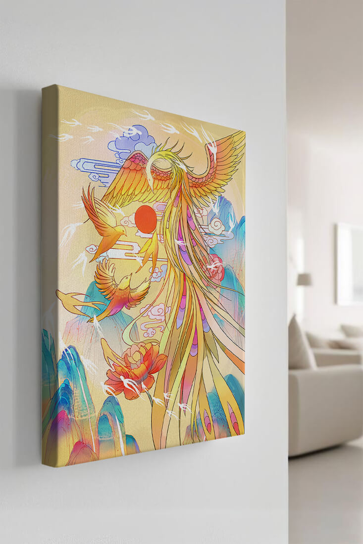 Colorful phoenix soaring in a dreamlike sky with vibrant flowers and mountains