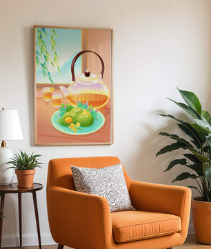 Tea set with green treats and bamboo leaves in serene setting