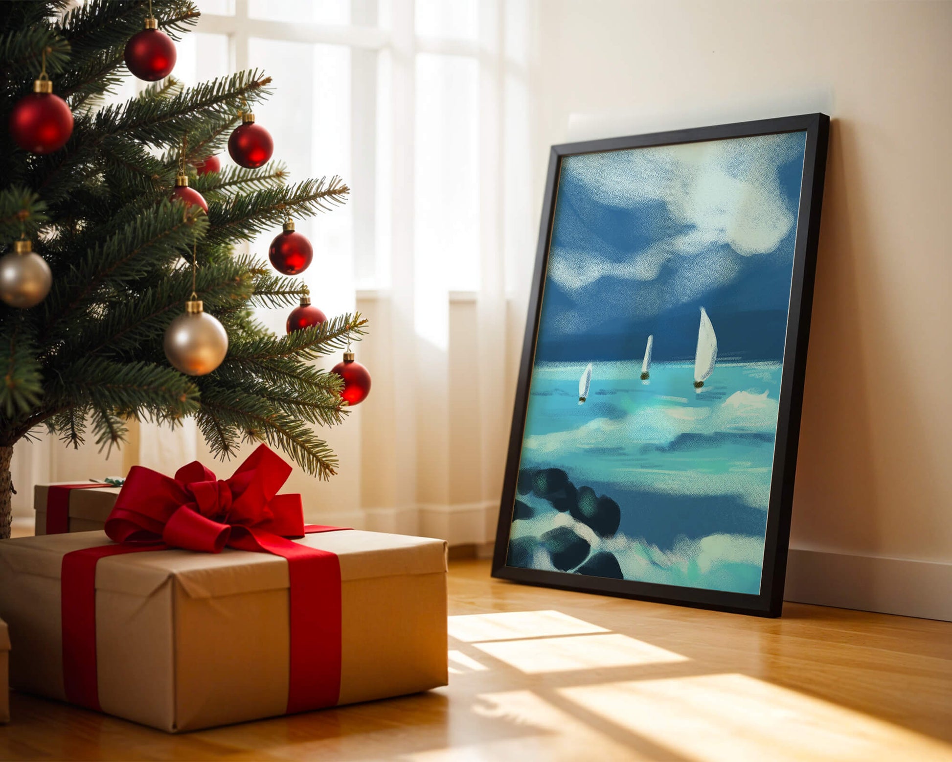 Seascape with sailboats navigating blue waves under a dramatic sky