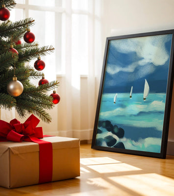 Seascape with sailboats navigating blue waves under a dramatic sky