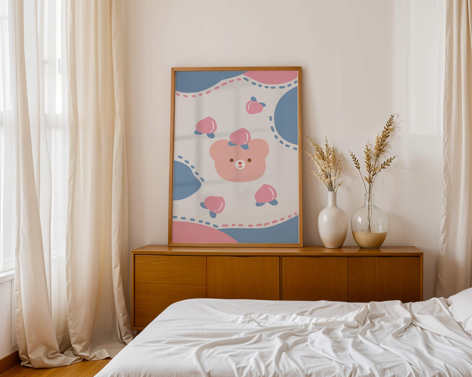 Adorable pastel bear with peaches and dotted background