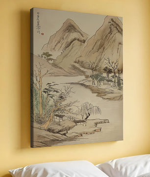 Paisaje sereno con montañas y río en estilo tradicional