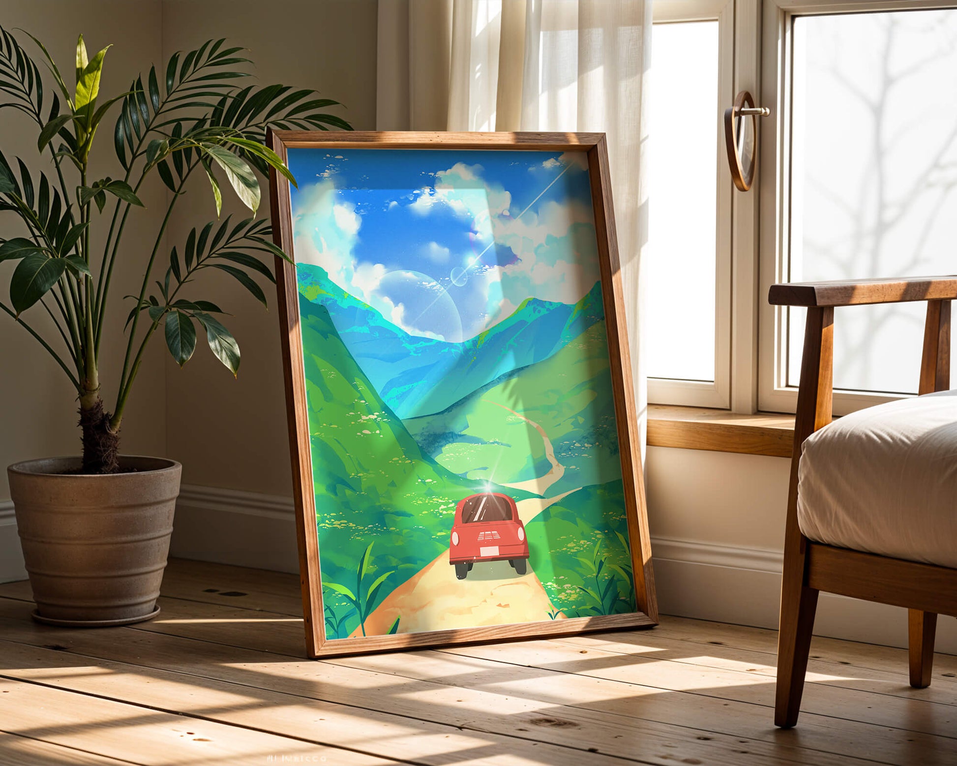 Red Car on a Scenic Road Through Green Hills Under a Vibrant Blue Sky