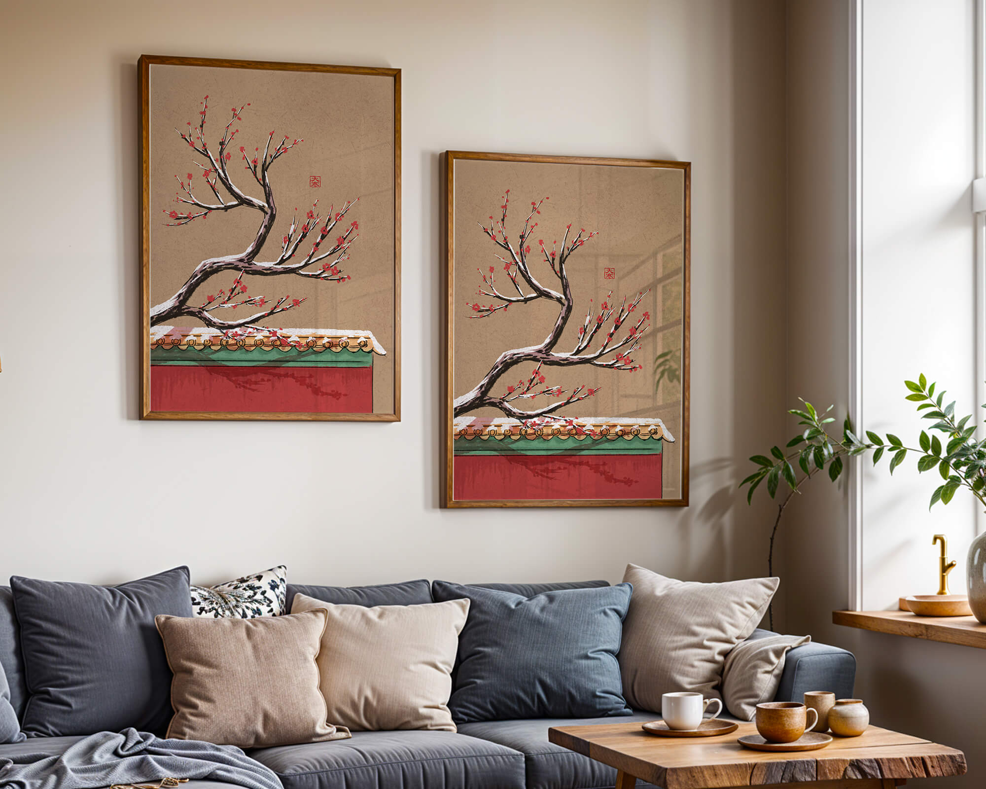 Illustration of blooming plum branch over traditional rooftop