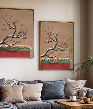 Illustration of blooming plum branch over traditional rooftop