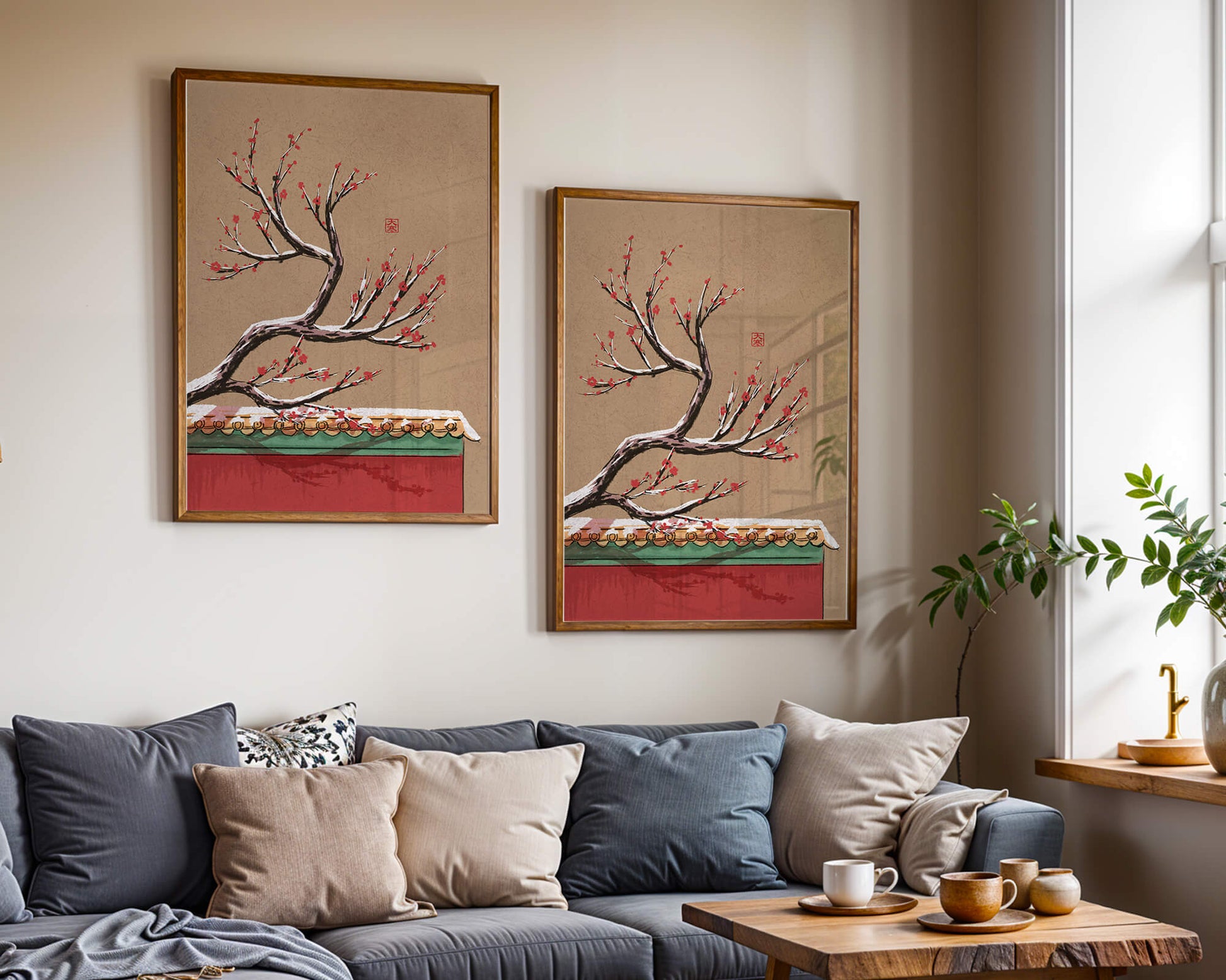 Illustration of blooming plum branch over traditional rooftop