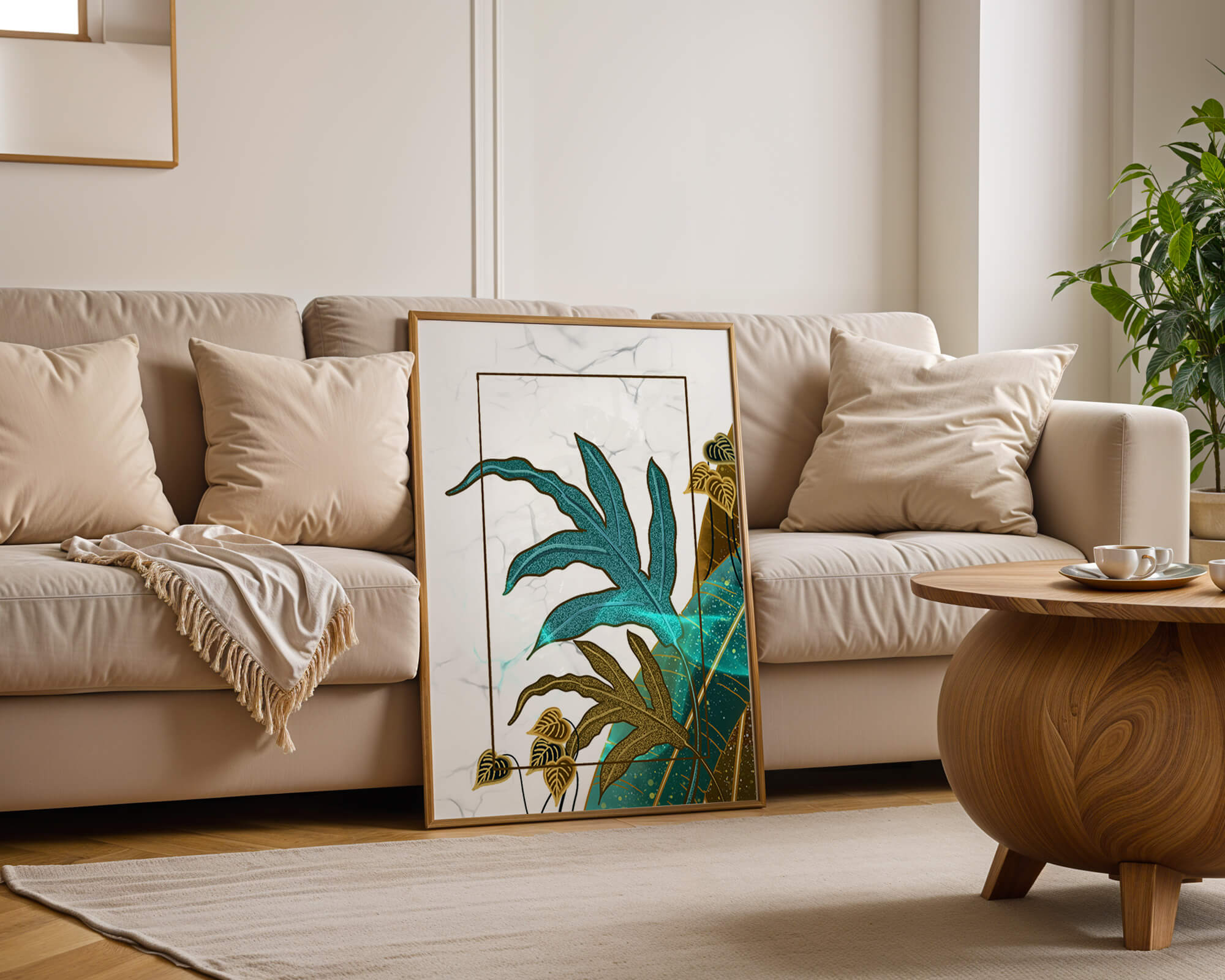 Abstract botanical art with blue and gold leafy designs