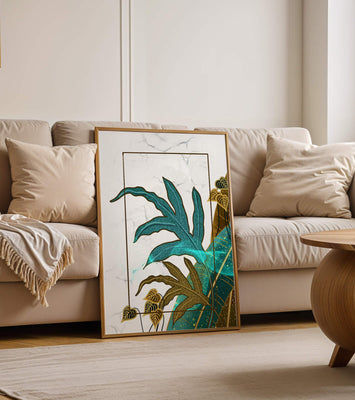 Abstract botanical art with blue and gold leafy designs
